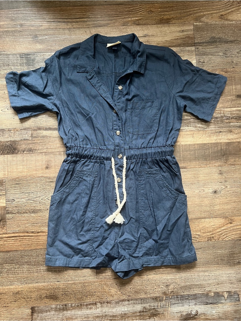 Universal Thread Navy Short-Sleeve Button Romper with Drawstring - Picture 1 of 5